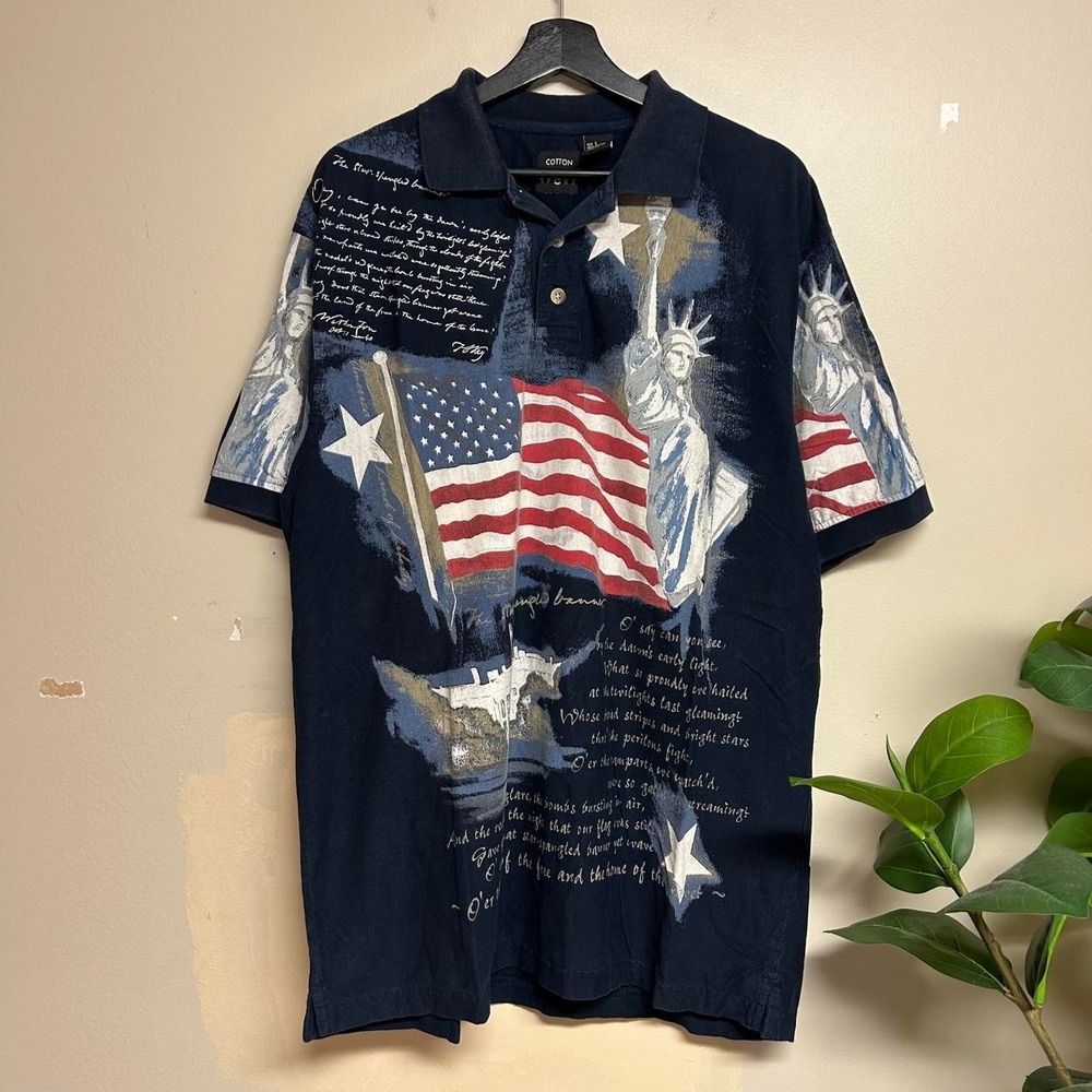 Vintage 90s Cotton Traders Statue of Liberty American Flag AOP Polo Shirt Mens L